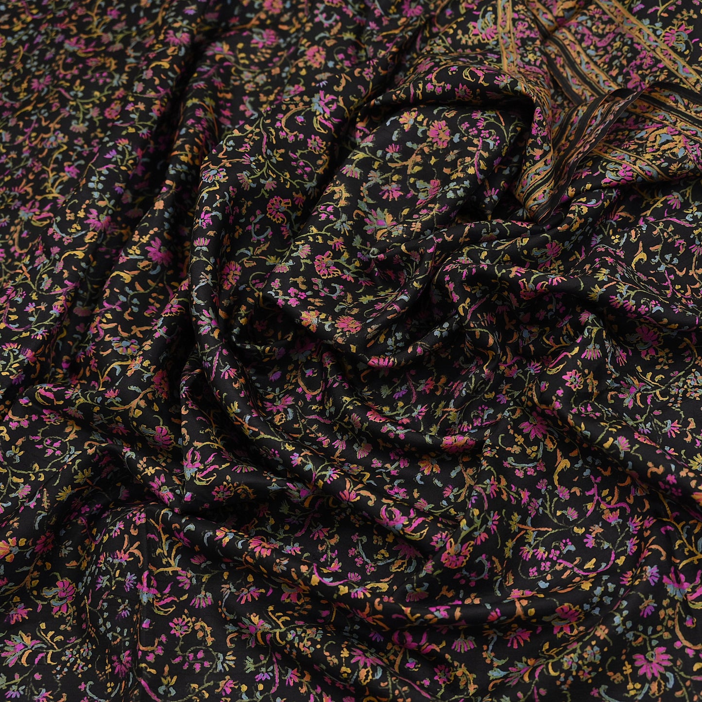 Indian Vintage Sari Black Printed Pure Silk Sarees Craft Fabric 5yd Sewing Floral Soft Dress Designing  for Crafting Quilting Upcycle Wrap