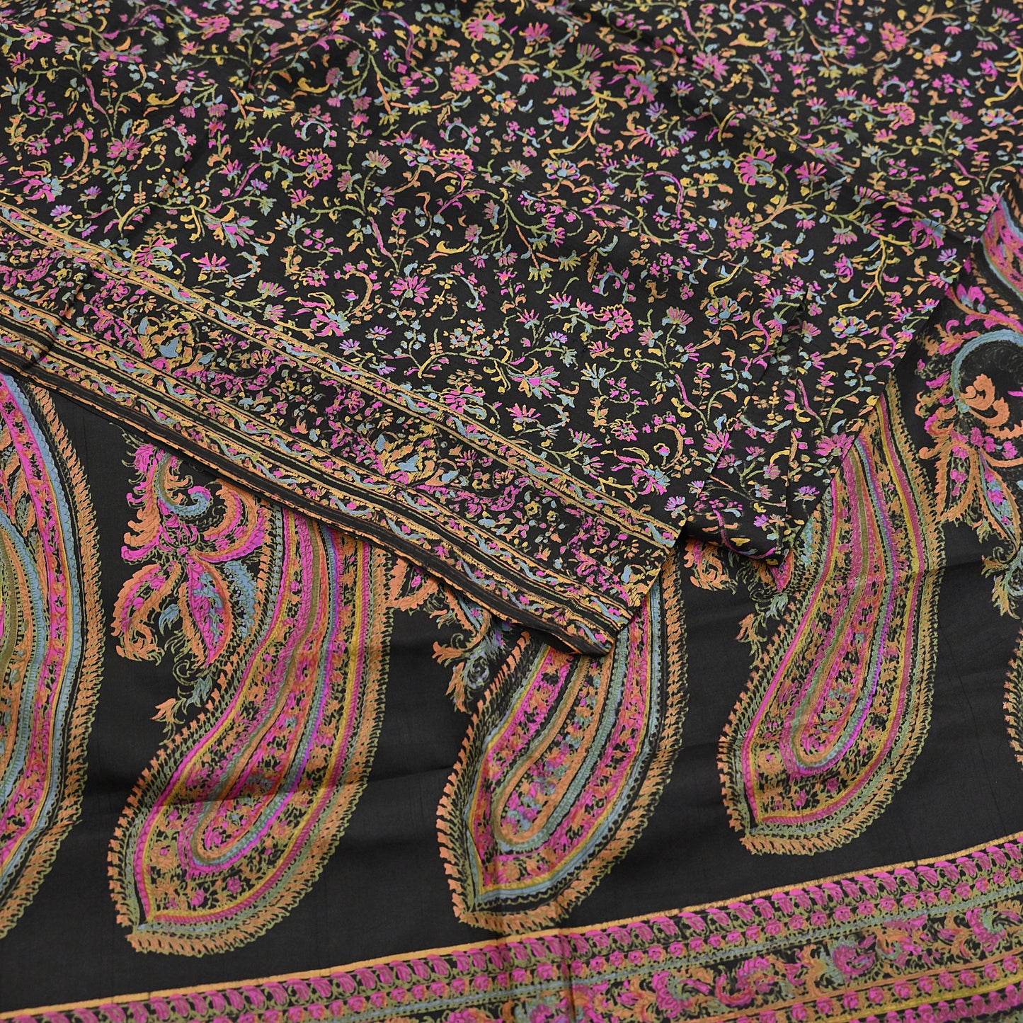 Indian Vintage Sari Black Printed Pure Silk Sarees Craft Fabric 5yd Sewing Floral Soft Dress Designing  for Crafting Quilting Upcycle Wrap