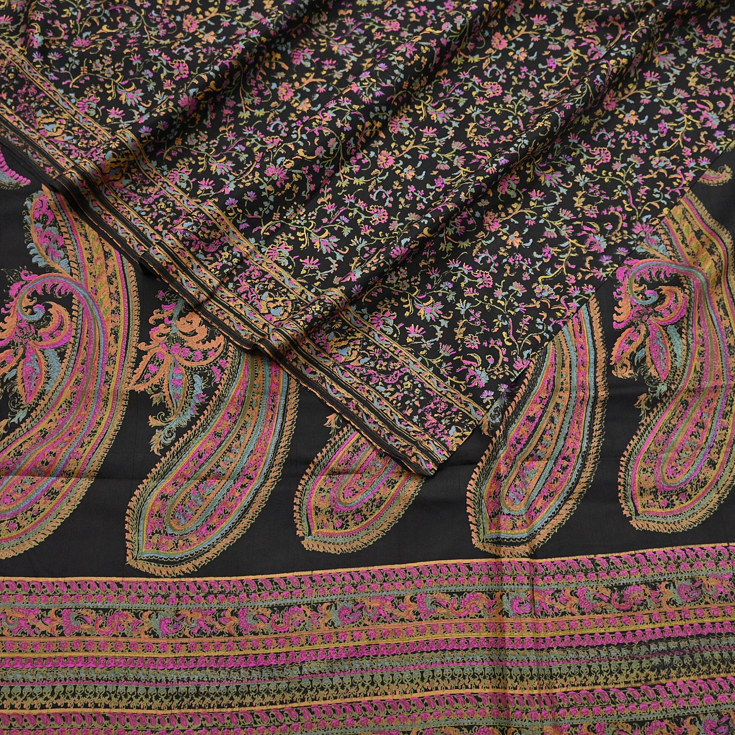 Indian Vintage Sari Black Printed Pure Silk Sarees Craft Fabric 5yd Sewing Floral Soft Dress Designing  for Crafting Quilting Upcycle Wrap