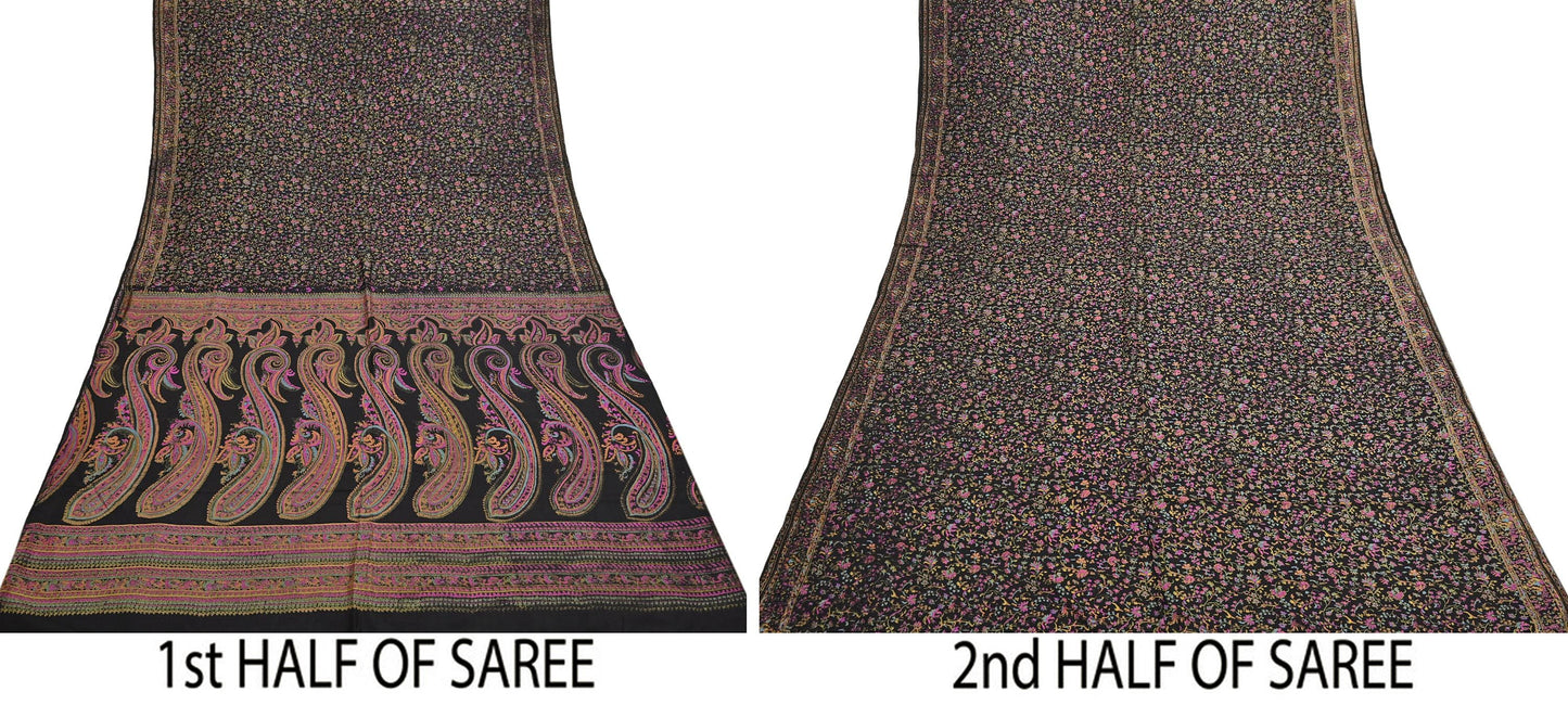 Indian Vintage Sari Black Printed Pure Silk Sarees Craft Fabric 5yd Sewing Floral Soft Dress Designing  for Crafting Quilting Upcycle Wrap