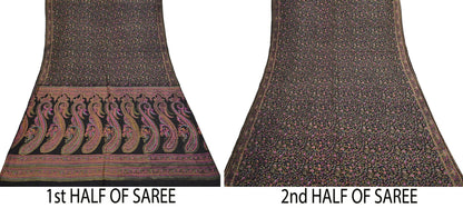 Indian Vintage Sari Black Printed Pure Silk Sarees Craft Fabric 5yd Sewing Floral Soft Dress Designing  for Crafting Quilting Upcycle Wrap