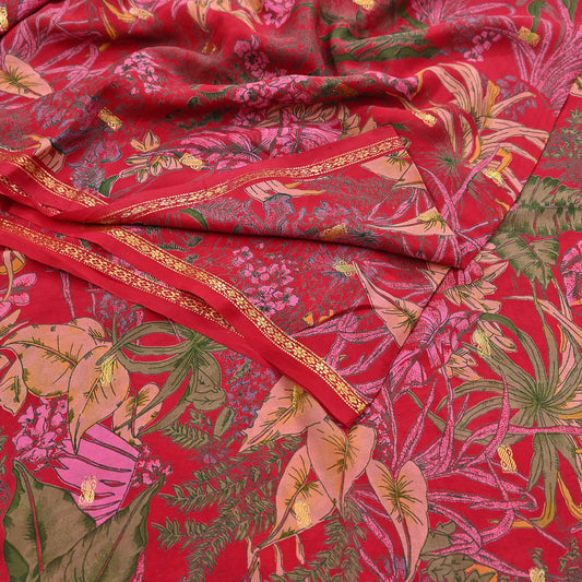 Indian Vintage Sari Red Printed Pure Silk Sarees 5yd Sewing Craft Fabric Soft Dress Making Upcycle Crafting Quilting Used Zari