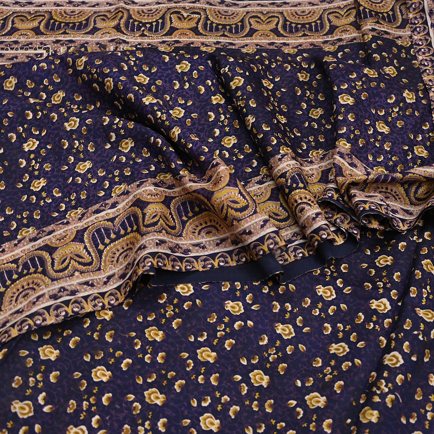 Vintage Blue Pure Silk Saree Indian Printed Floral Silk Fabric 6Yard Soft Sewing Material for Dressmaking, Quilting & Crafts