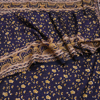 Vintage Blue Pure Silk Saree Indian Printed Floral Silk Fabric 6Yard Soft Sewing Material for Dressmaking, Quilting & Crafts