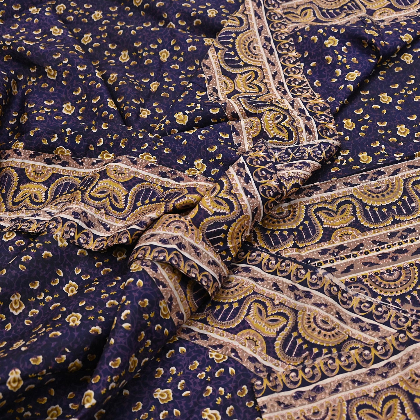 Vintage Blue Pure Silk Saree Indian Printed Floral Silk Fabric 6Yard Soft Sewing Material for Dressmaking, Quilting & Crafts