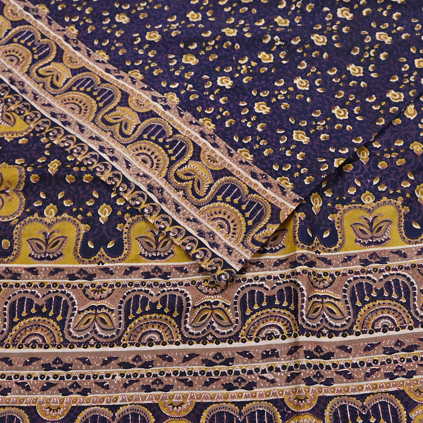 Vintage Blue Pure Silk Saree Indian Printed Floral Silk Fabric 6Yard Soft Sewing Material for Dressmaking, Quilting & Crafts