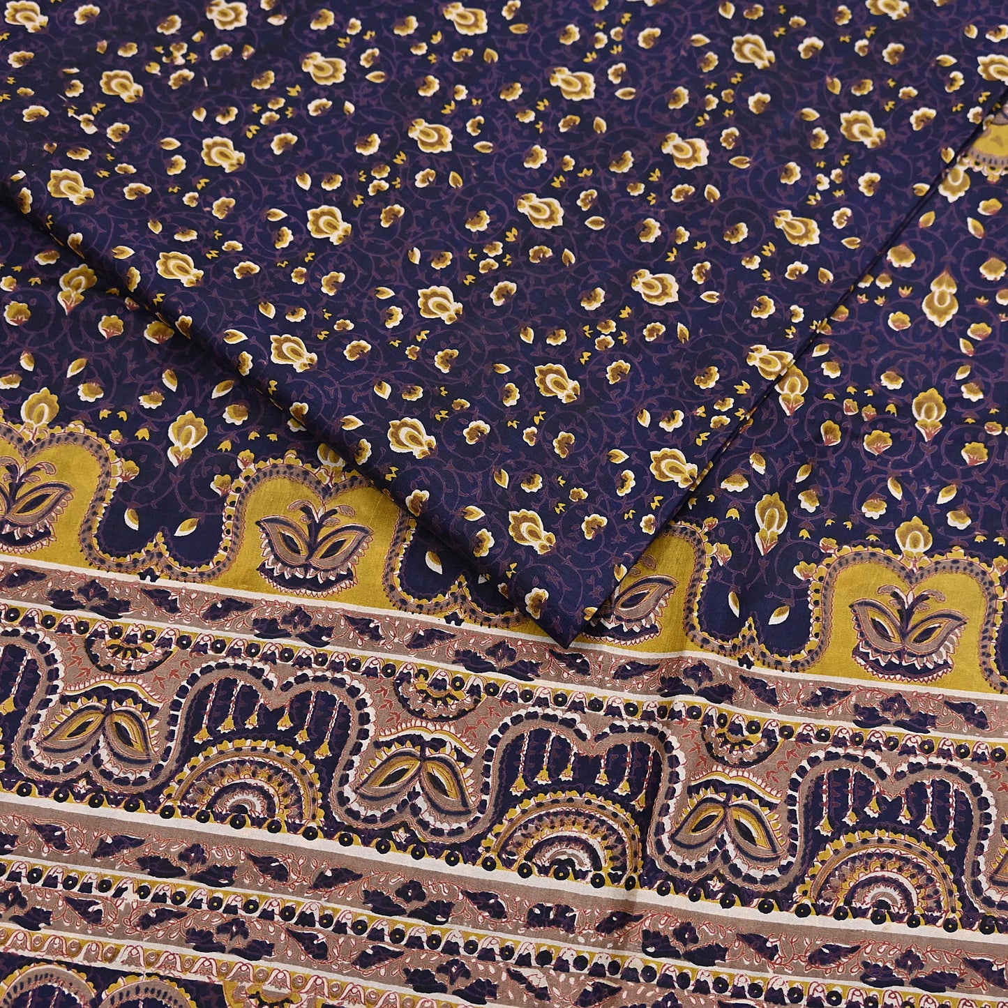 Vintage Blue Pure Silk Saree Indian Printed Floral Silk Fabric 6Yard Soft Sewing Material for Dressmaking, Quilting & Crafts
