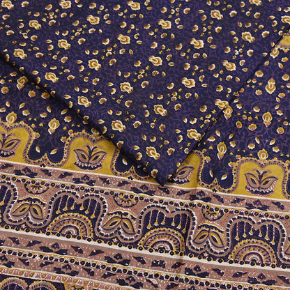 Vintage Blue Pure Silk Saree Indian Printed Floral Silk Fabric 6Yard Soft Sewing Material for Dressmaking, Quilting & Crafts
