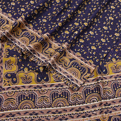 Vintage Blue Pure Silk Saree Indian Printed Floral Silk Fabric 6Yard Soft Sewing Material for Dressmaking, Quilting & Crafts