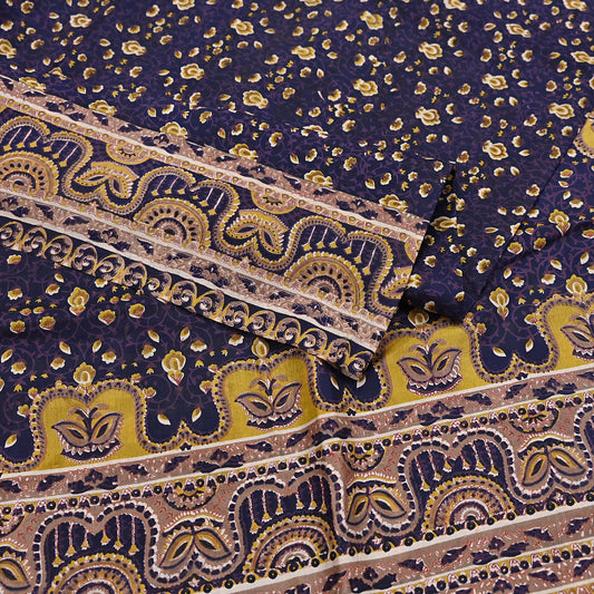 Vintage Blue Pure Silk Saree Indian Printed Floral Silk Fabric 6Yard Soft Sewing Material for Dressmaking, Quilting & Crafts