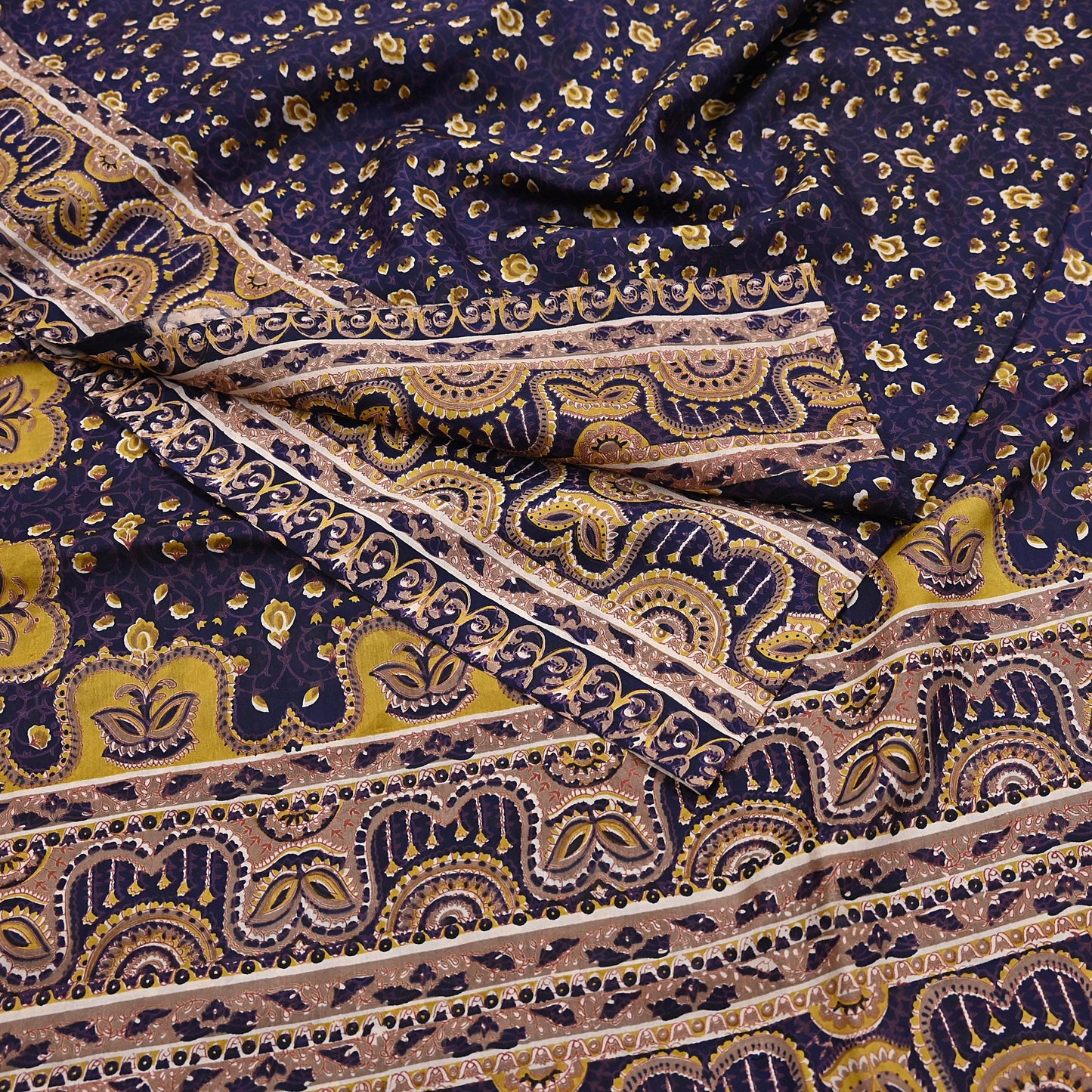 Vintage Blue Pure Silk Saree Indian Printed Floral Silk Fabric 6Yard Soft Sewing Material for Dressmaking, Quilting & Crafts