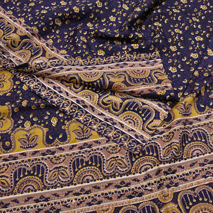 Vintage Blue Pure Silk Saree Indian Printed Floral Silk Fabric 6Yard Soft Sewing Material for Dressmaking, Quilting & Crafts