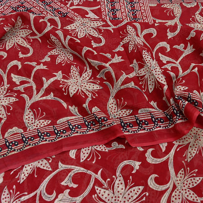 Indian Vintage Red Saree Printed 100% Pure Cotton Sari Craft Fabric 5Yd Soft Sewing Sarong Wrap Dress Making Quilting Crafting