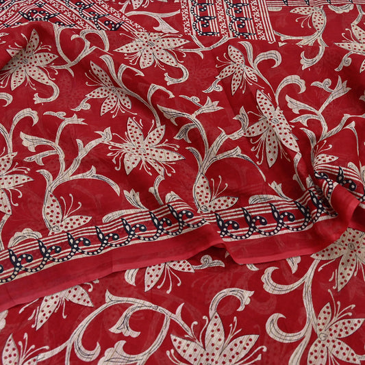Indian Vintage Red Saree Printed 100% Pure Cotton Sari Craft Fabric 5Yd Soft Sewing Sarong Wrap Dress Making Quilting Crafting