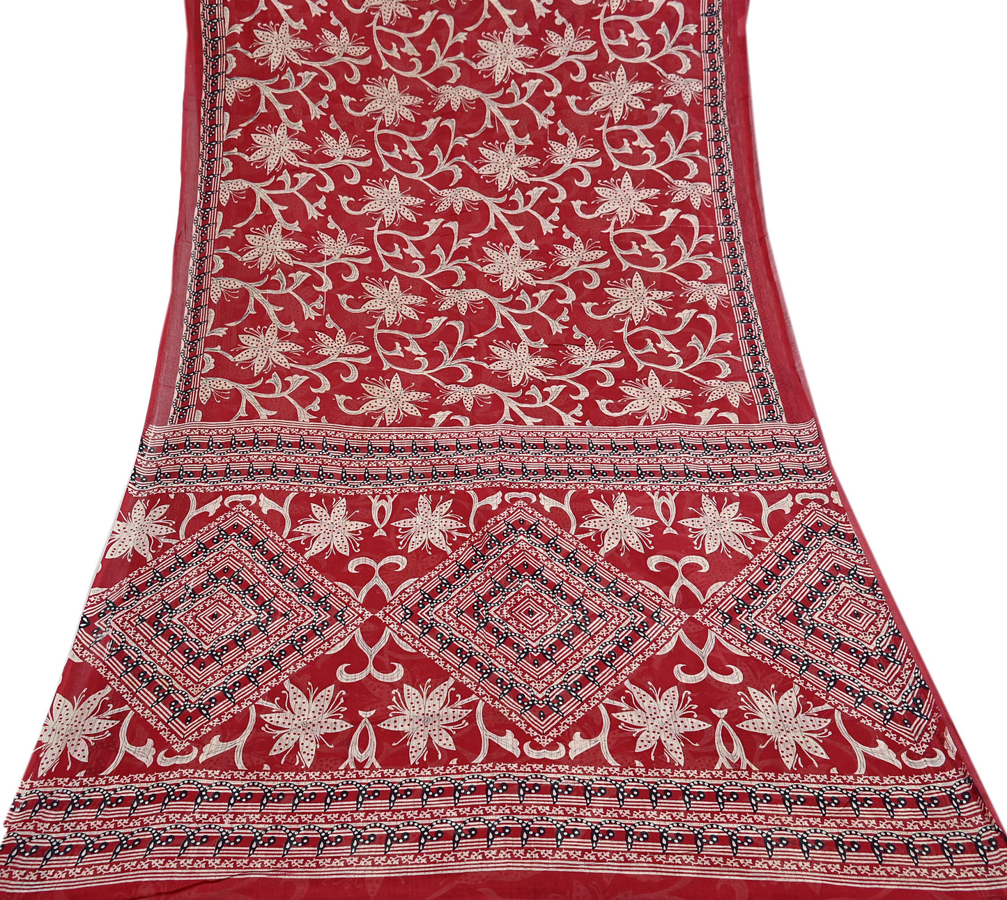 Indian Vintage Red Saree Printed 100% Pure Cotton Sari Craft Fabric 5Yd Soft Sewing Sarong Wrap Dress Making Quilting Crafting