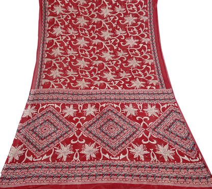 Indian Vintage Red Saree Printed 100% Pure Cotton Sari Craft Fabric 5Yd Soft Sewing Sarong Wrap Dress Making Quilting Crafting
