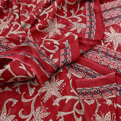 Indian Vintage Red Saree Printed 100% Pure Cotton Sari Craft Fabric 5Yd Soft Sewing Sarong Wrap Dress Making Quilting Crafting