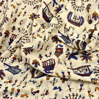 Indian Vintage Ivory & green Saree Warli Print Pure Cotton Sari Craft Fabric 5Yd Soft Sewing Sarong Wrap Boho Dress making Crafting Quilting