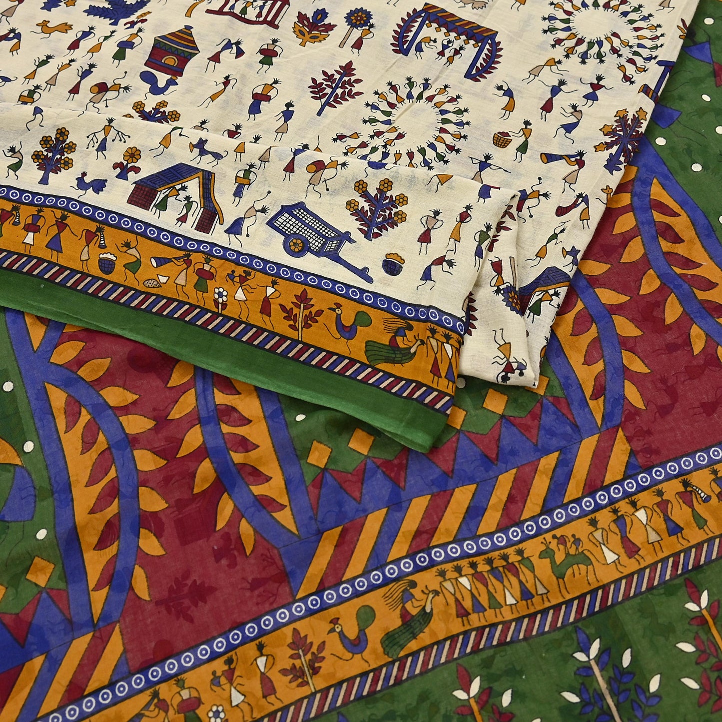 Indian Vintage Ivory & green Saree Warli Print Pure Cotton Sari Craft Fabric 5Yd Soft Sewing Sarong Wrap Boho Dress making Crafting Quilting