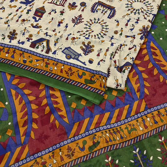 Indian Vintage Ivory & green Saree Warli Print Pure Cotton Sari Craft Fabric 5Yd Soft Sewing Sarong Wrap Boho Dress making Crafting Quilting