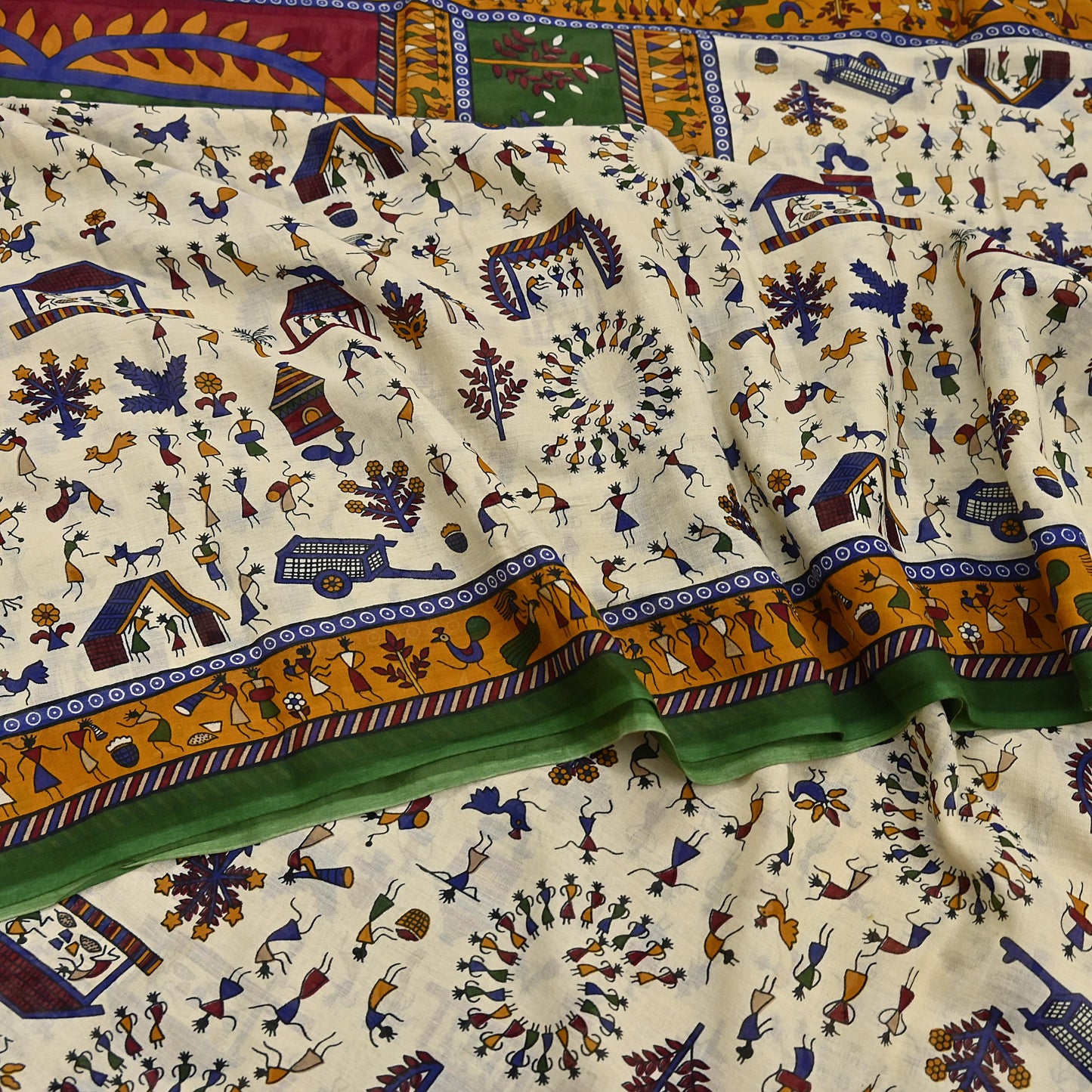 Indian Vintage Ivory & green Saree Warli Print Pure Cotton Sari Craft Fabric 5Yd Soft Sewing Sarong Wrap Boho Dress making Crafting Quilting