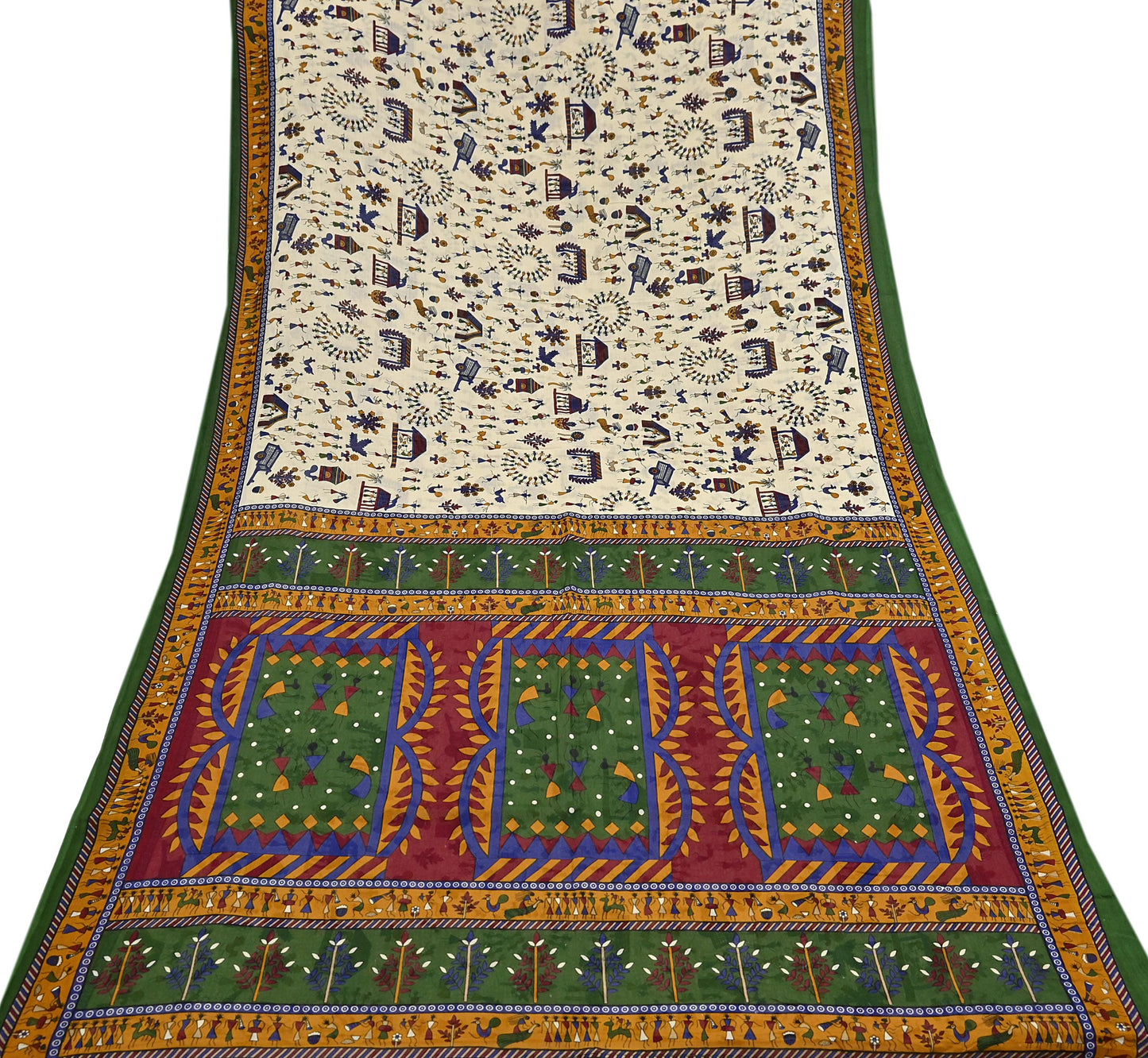 Indian Vintage Ivory & green Saree Warli Print Pure Cotton Sari Craft Fabric 5Yd Soft Sewing Sarong Wrap Boho Dress making Crafting Quilting