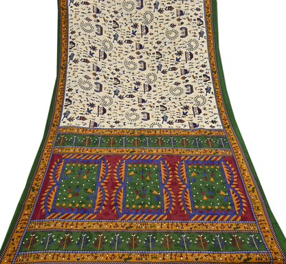 Indian Vintage Ivory & green Saree Warli Print Pure Cotton Sari Craft Fabric 5Yd Soft Sewing Sarong Wrap Boho Dress making Crafting Quilting