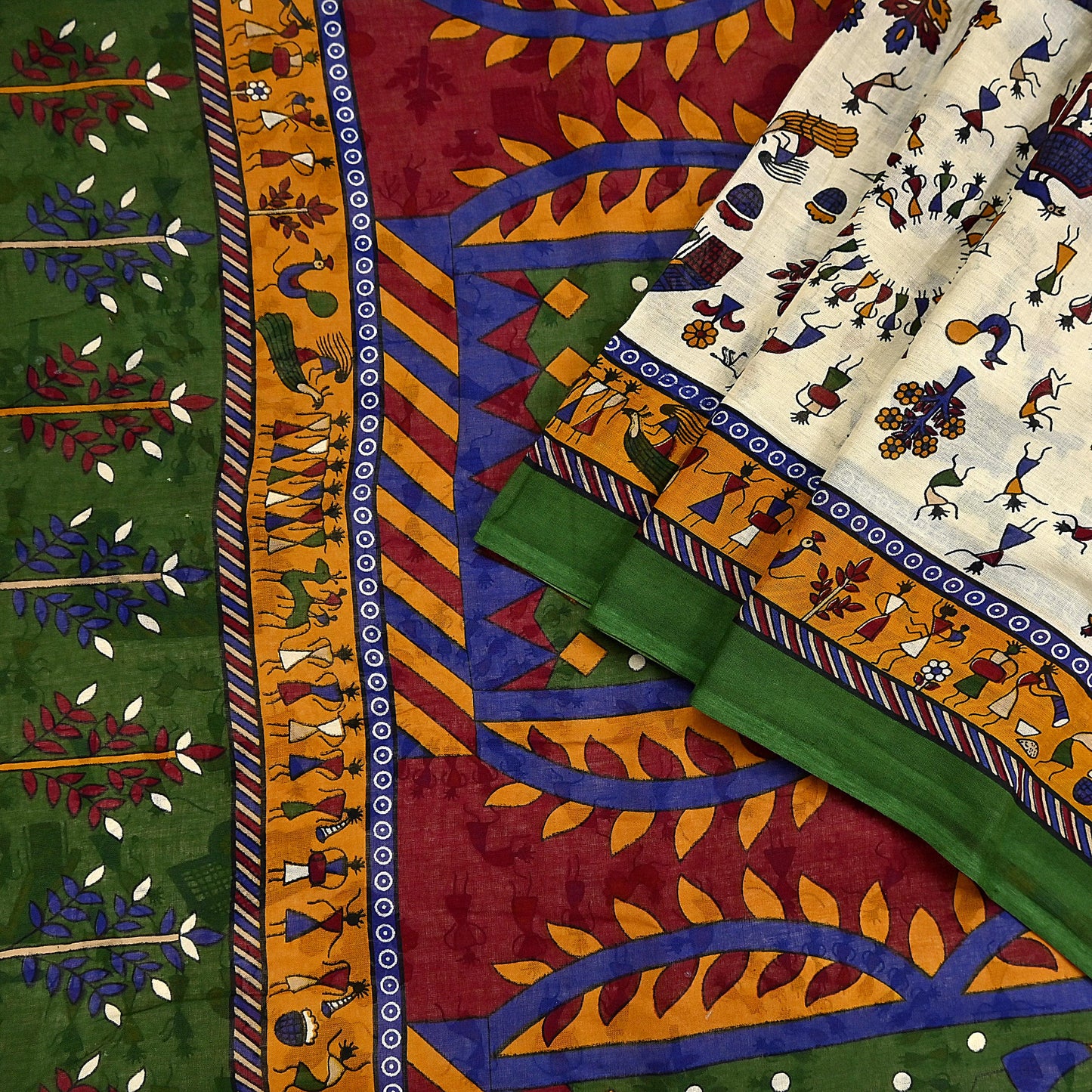Indian Vintage Ivory & green Saree Warli Print Pure Cotton Sari Craft Fabric 5Yd Soft Sewing Sarong Wrap Boho Dress making Crafting Quilting