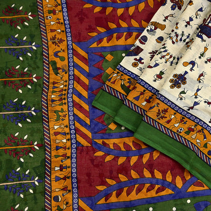 Indian Vintage Ivory & green Saree Warli Print Pure Cotton Sari Craft Fabric 5Yd Soft Sewing Sarong Wrap Boho Dress making Crafting Quilting