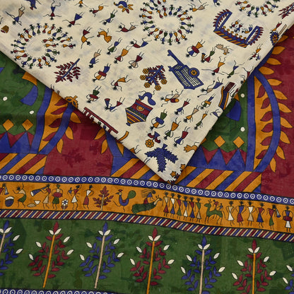 Indian Vintage Ivory & green Saree Warli Print Pure Cotton Sari Craft Fabric 5Yd Soft Sewing Sarong Wrap Boho Dress making Crafting Quilting