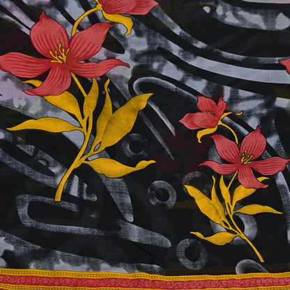 Indian Vintage Sari Gray & Black Printed Pure Cotton Sarees Fabric Floral 5Yd Sarong Wrap Boho Fabric Kimono Soft Dress making Crafting