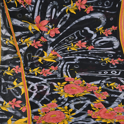 Indian Vintage Sari Gray & Black Printed Pure Cotton Sarees Fabric Floral 5Yd Sarong Wrap Boho Fabric Kimono Soft Dress making Crafting