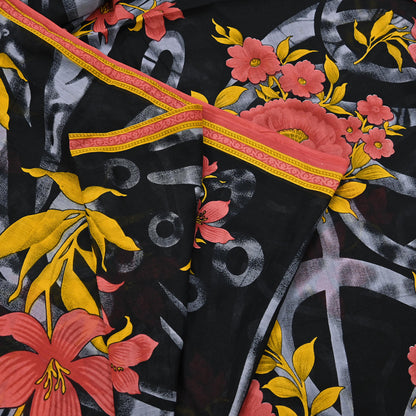 Indian Vintage Sari Gray & Black Printed Pure Cotton Sarees Fabric Floral 5Yd Sarong Wrap Boho Fabric Kimono Soft Dress making Crafting