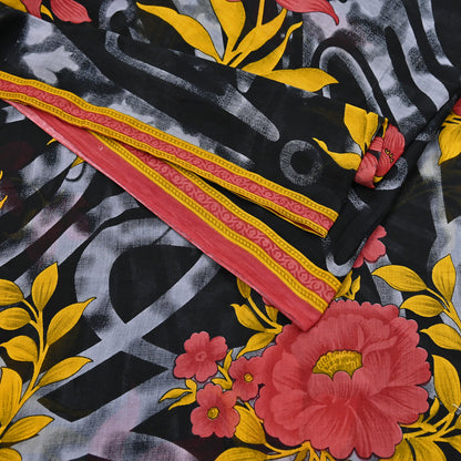 Indian Vintage Sari Gray & Black Printed Pure Cotton Sarees Fabric Floral 5Yd Sarong Wrap Boho Fabric Kimono Soft Dress making Crafting