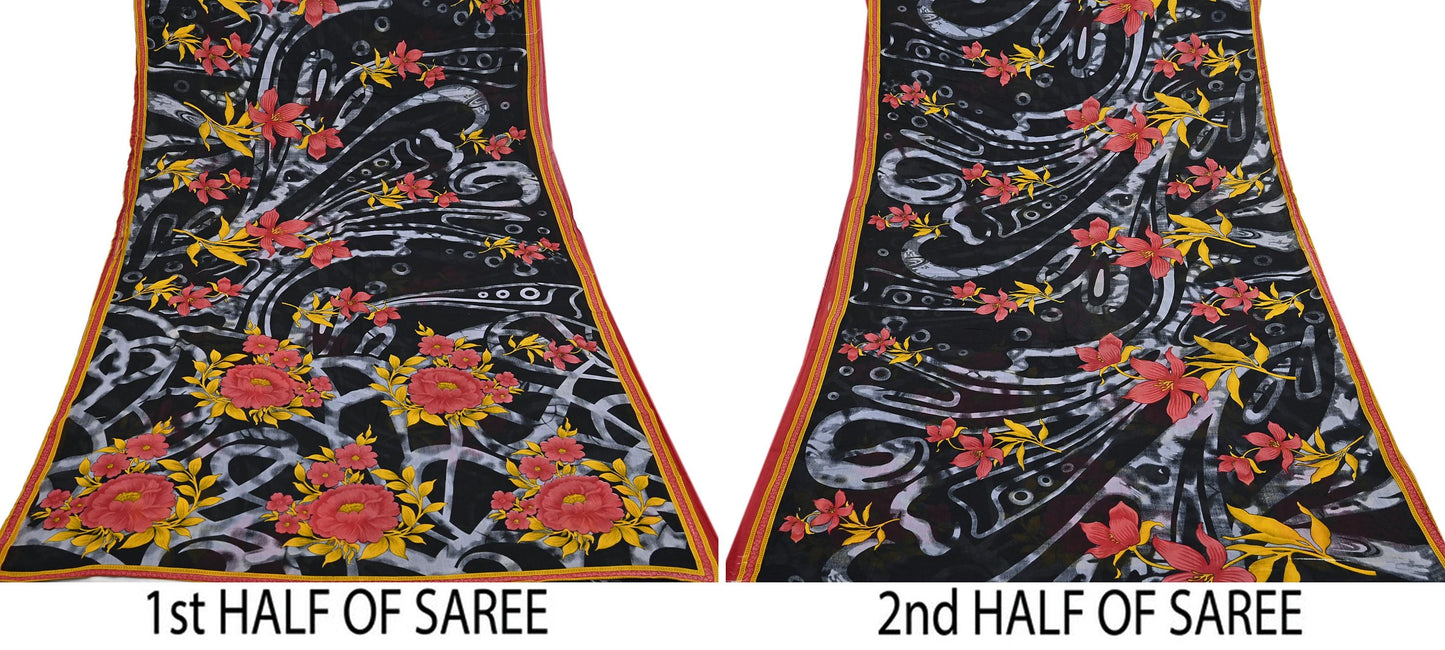 Indian Vintage Sari Gray & Black Printed Pure Cotton Sarees Fabric Floral 5Yd Sarong Wrap Boho Fabric Kimono Soft Dress making Crafting