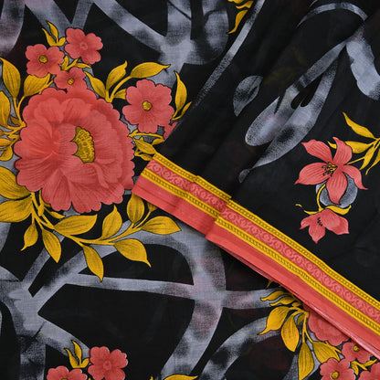 Indian Vintage Sari Gray & Black Printed Pure Cotton Sarees Fabric Floral 5Yd Sarong Wrap Boho Fabric Kimono Soft Dress making Crafting