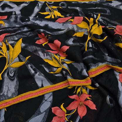 Indian Vintage Sari Gray & Black Printed Pure Cotton Sarees Fabric Floral 5Yd Sarong Wrap Boho Fabric Kimono Soft Dress making Crafting