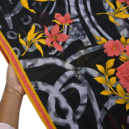 Indian Vintage Sari Gray & Black Printed Pure Cotton Sarees Fabric Floral 5Yd Sarong Wrap Boho Fabric Kimono Soft Dress making Crafting