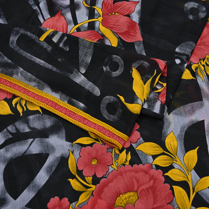 Indian Vintage Sari Gray & Black Printed Pure Cotton Sarees Fabric Floral 5Yd Sarong Wrap Boho Fabric Kimono Soft Dress making Crafting