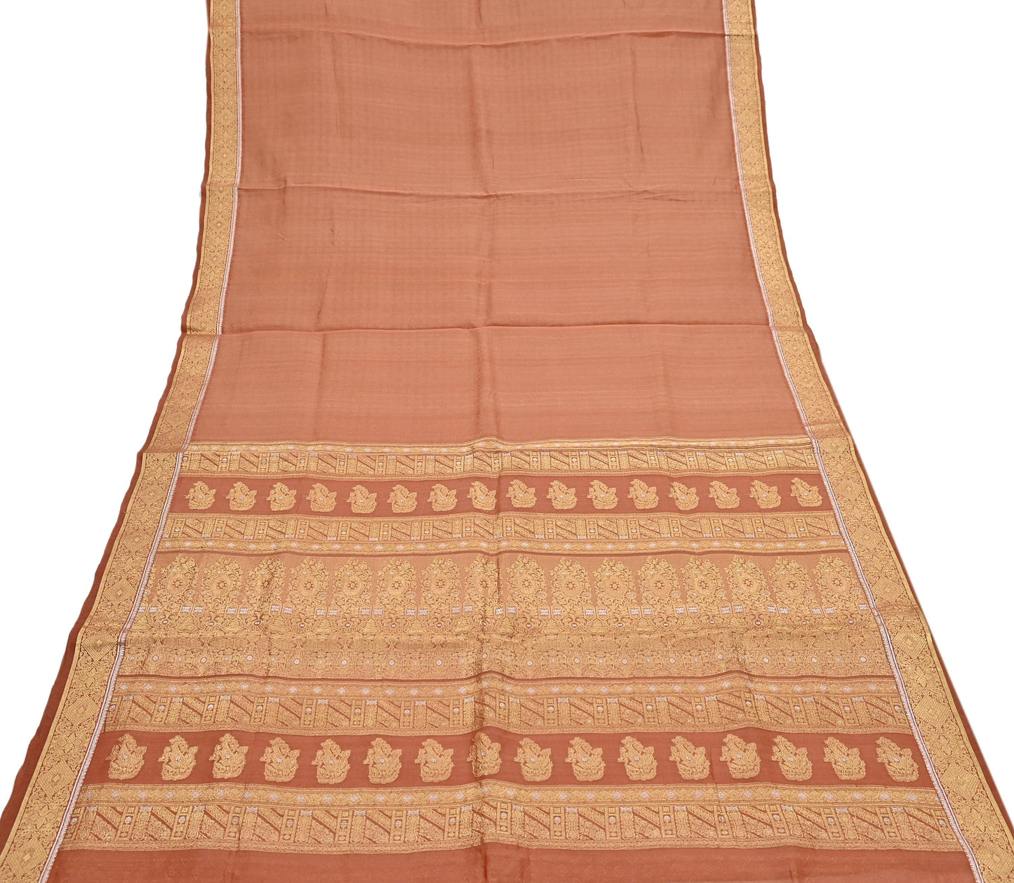 Indian Vintage Sari Peach  Pure Silk Hand Woven Sarees Fabric 5Yd Ethnic Dress Making Crafting Upcycle Quilting Zari Border