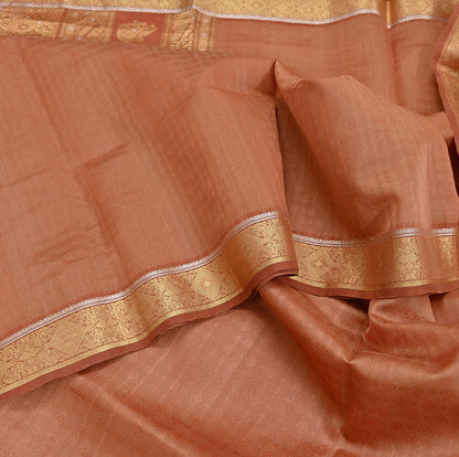 Indian Vintage Sari Peach  Pure Silk Hand Woven Sarees Fabric 5Yd Ethnic Dress Making Crafting Upcycle Quilting Zari Border