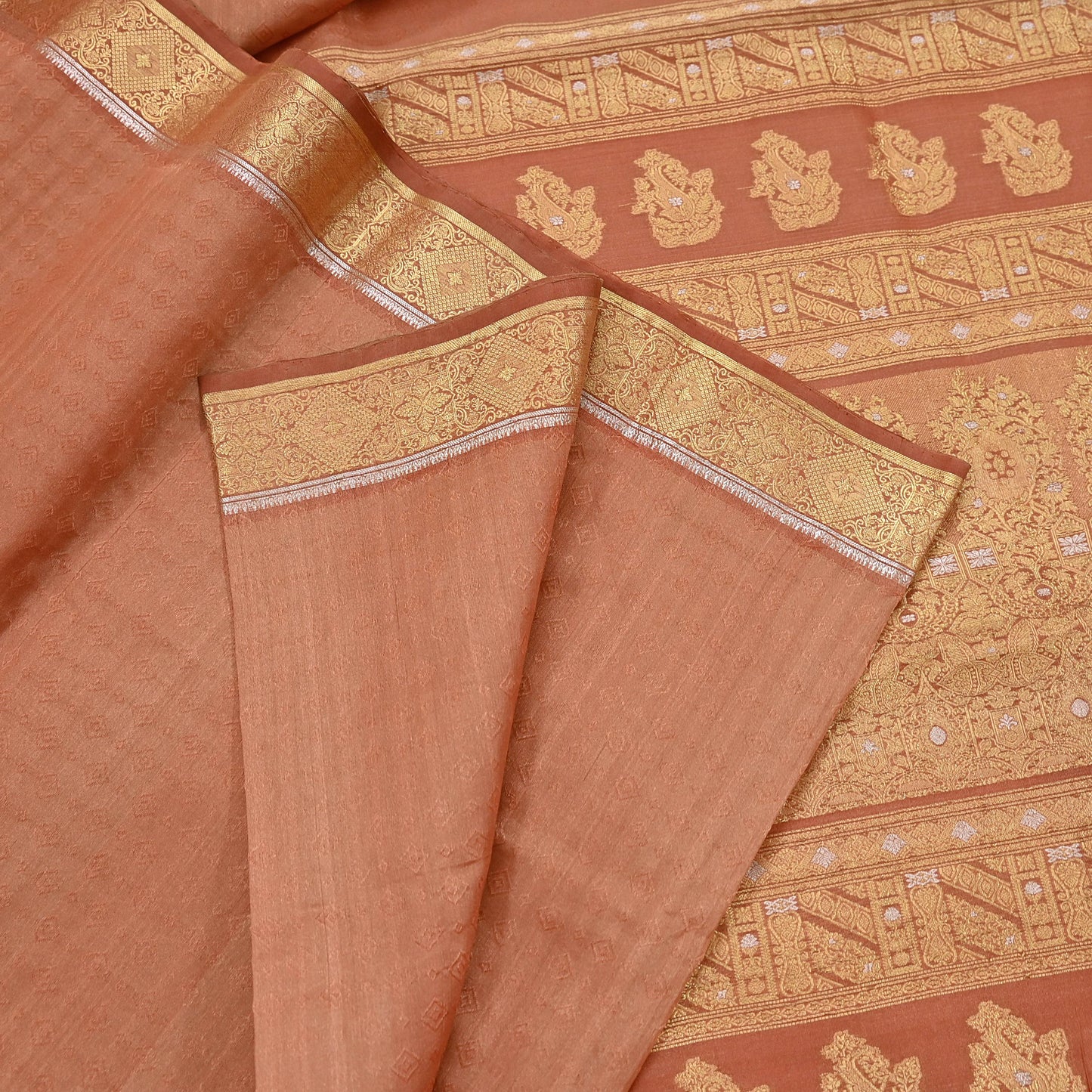 Indian Vintage Sari Peach  Pure Silk Hand Woven Sarees Fabric 5Yd Ethnic Dress Making Crafting Upcycle Quilting Zari Border
