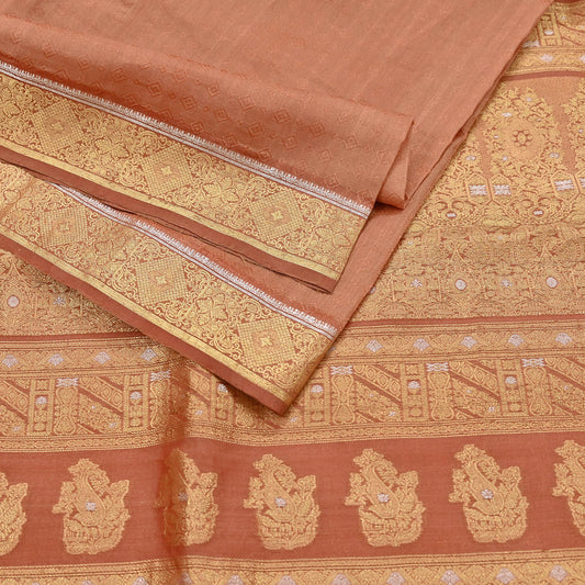 Indian Vintage Sari Peach  Pure Silk Hand Woven Sarees Fabric 5Yd Ethnic Dress Making Crafting Upcycle Quilting Zari Border