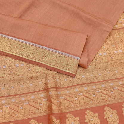 Indian Vintage Sari Peach  Pure Silk Hand Woven Sarees Fabric 5Yd Ethnic Dress Making Crafting Upcycle Quilting Zari Border
