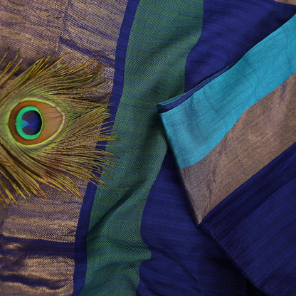 Indian Vintage Sari Blue Blend Silk Woven Saree Craft Fabric 5yd Soft Dress Designing Crafting Quilting Zari Border