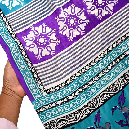 Indian Vintage Purple & blue Pure Crepe Silk Saree Floral Print 5 Yards Soft Sewing Fabric for Dressmaking, Quilting, Crafting Upcycling