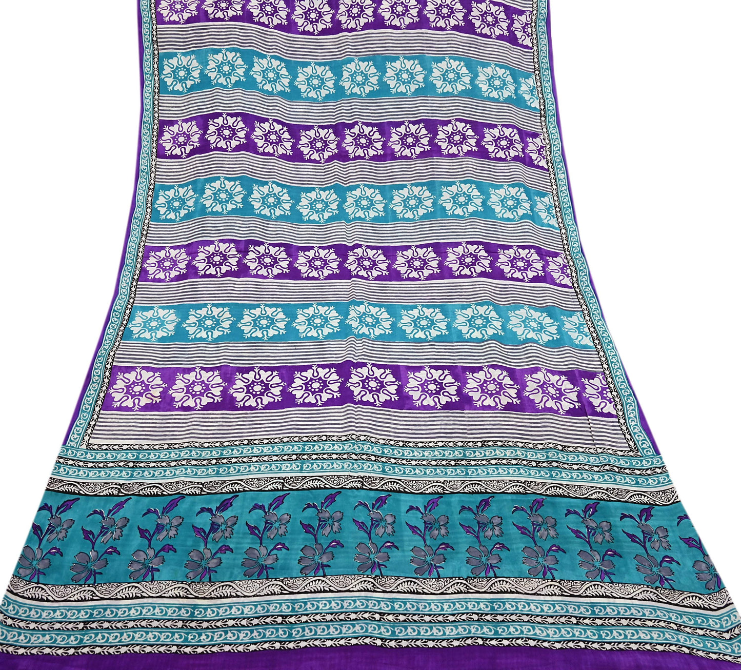 Indian Vintage Purple & blue Pure Crepe Silk Saree Floral Print 5 Yards Soft Sewing Fabric for Dressmaking, Quilting, Crafting Upcycling
