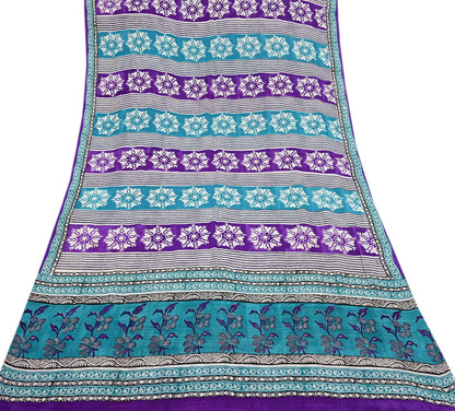 Indian Vintage Purple & blue Pure Crepe Silk Saree Floral Print 5 Yards Soft Sewing Fabric for Dressmaking, Quilting, Crafting Upcycling