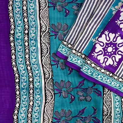 Indian Vintage Purple & blue Pure Crepe Silk Saree Floral Print 5 Yards Soft Sewing Fabric for Dressmaking, Quilting, Crafting Upcycling