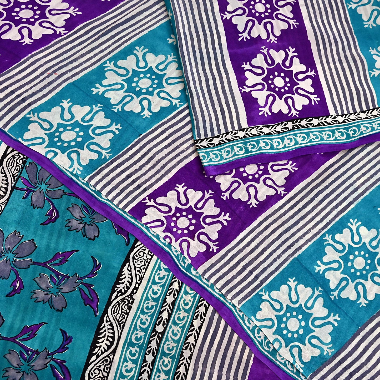 Indian Vintage Purple & blue Pure Crepe Silk Saree Floral Print 5 Yards Soft Sewing Fabric for Dressmaking, Quilting, Crafting Upcycling